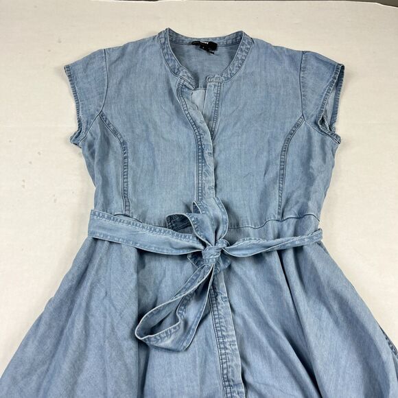 DKNY Cap Short Sleeve Chambray Dress Size 2 Blue Belted Asymmetrical Hem Midi - Picture 3 of 11